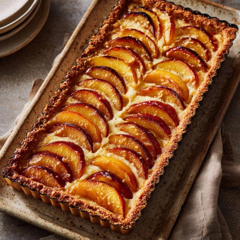 Goldene Nektarinen-Tarte mit Cremefüllung, hier in einer detaillierten Ansicht mit geschichteten Nektarinenscheiben und knusprigem Boden.