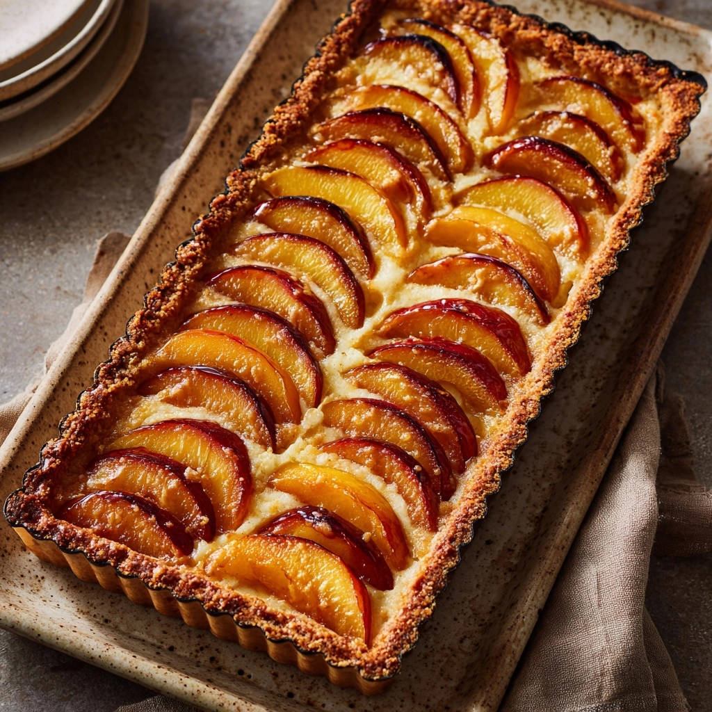 Goldene Nektarinen-Tarte mit Cremefüllung, hier in einer detaillierten Ansicht mit geschichteten Nektarinenscheiben und knusprigem Boden.
