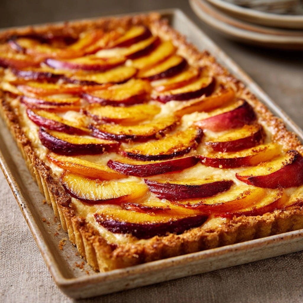 Goldene Nektarinen-Tarte mit Cremefüllung, nahaufnahme der geschnittenen Fruchtscheiben und des goldbraunen Teigs.