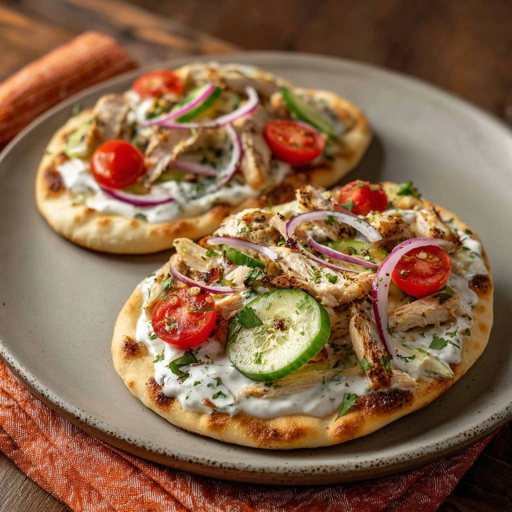 Griechische Hähnchen-Pitas auf einem Teller mit frischen Tomaten, Gurken und roten Zwiebeln garniert, Nahaufnahme.