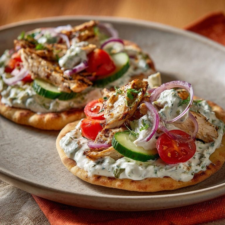Griechische Hähnchen-Pitas mit Tzatziki, Tomaten und Gurken auf einem Teller serviert, Nahaufnahme.