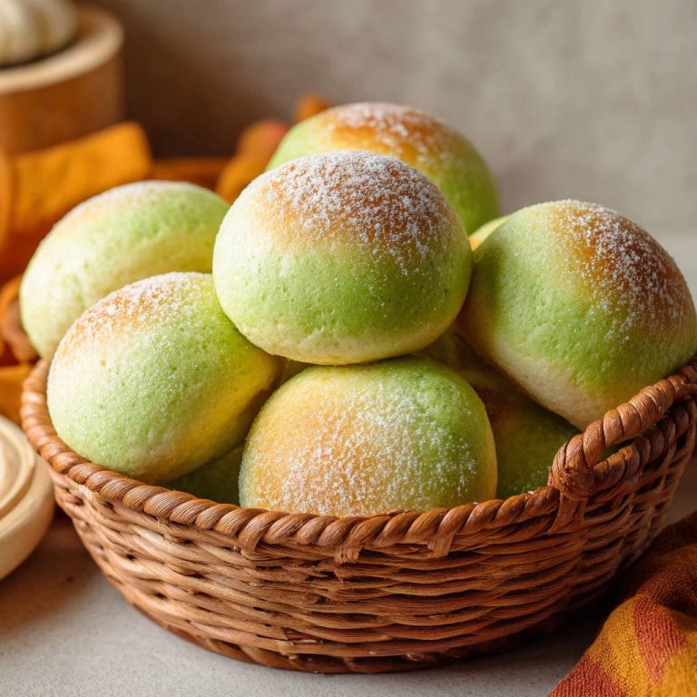 Leuchtend grüne Pandan-Milchbrötchen mit Puderzucker bestäubt, gestapelt in einem rustikalen Korb.