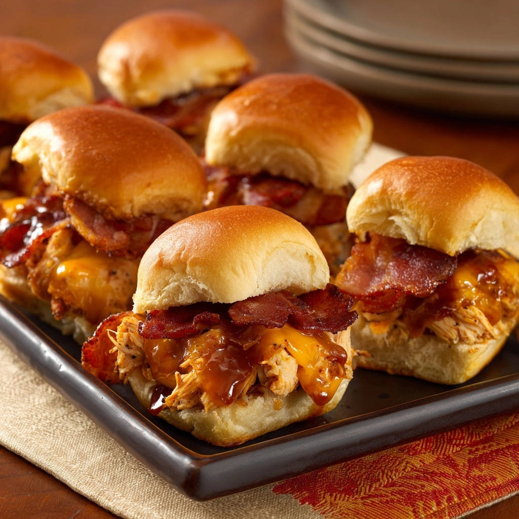 Saftige Hähnchen-Bacon-Slider mit geschmolzenem Käse und Sauce, nahaufnahme der Füllung.