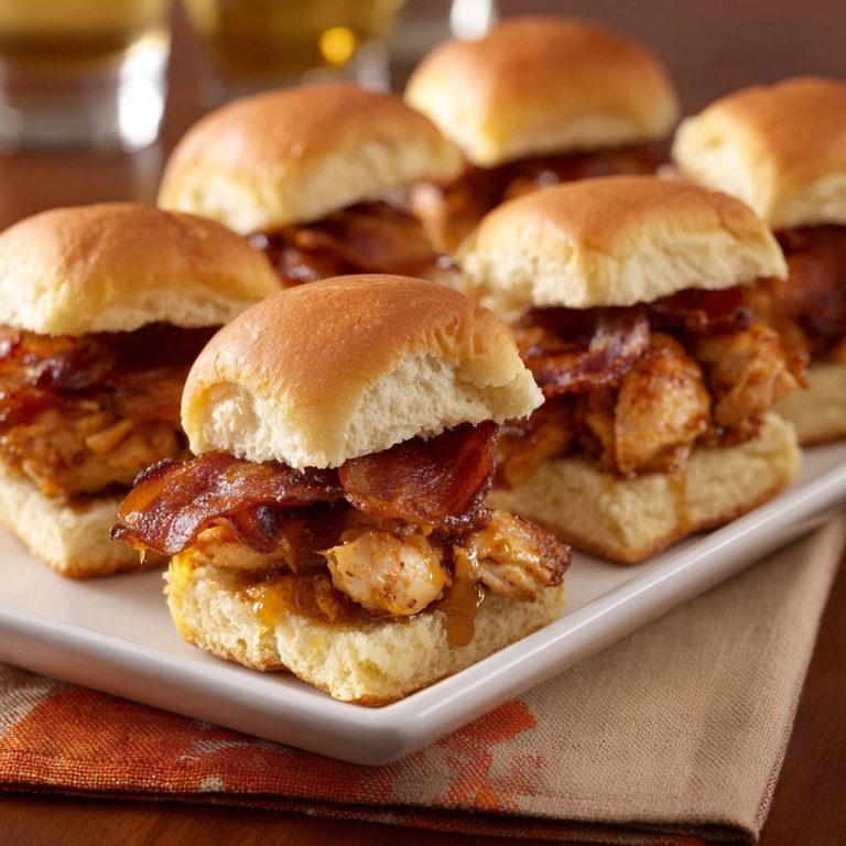 Saftige Hähnchen-Bacon-Slider im Detail, mit knusprigem Bacon und saftigem Hähnchenfleisch auf weichen Buns, nah aufgenommen.