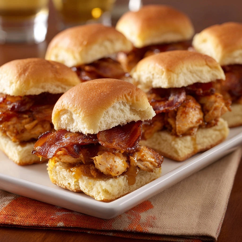 Saftige Hähnchen-Bacon-Slider im Detail, mit knusprigem Bacon und saftigem Hähnchenfleisch auf weichen Buns, nah aufgenommen.