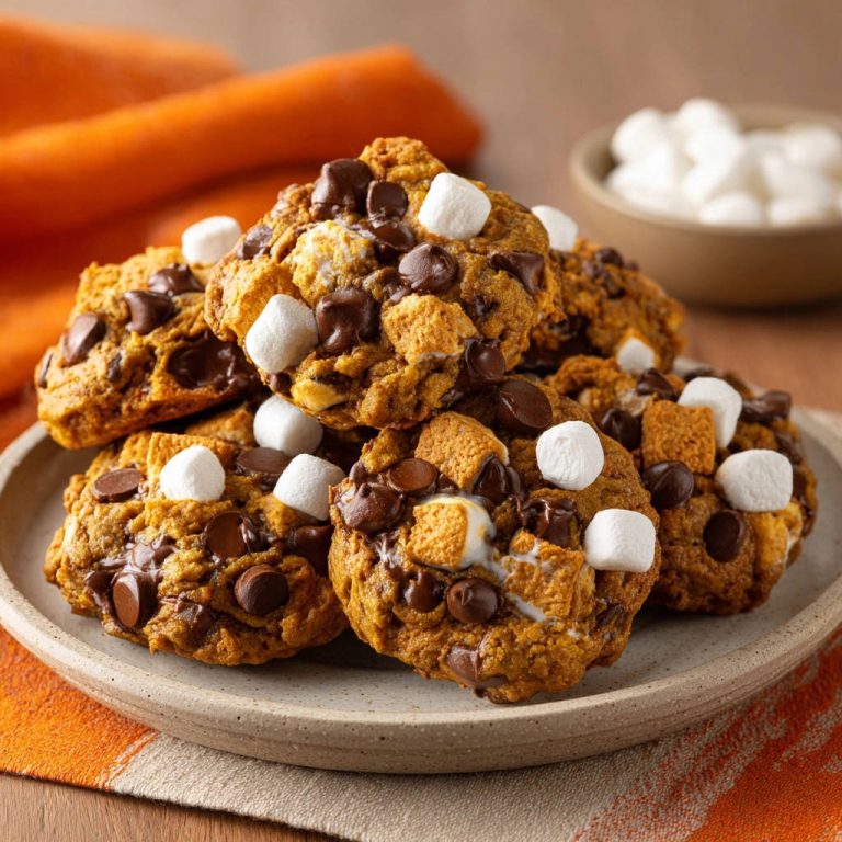 Herbstliche Pumpkin Cookies mit Schoko-Marshmallow-Crunch, nahaufnahme auf einem Teller mit Marshmallows und Schokostückchen.