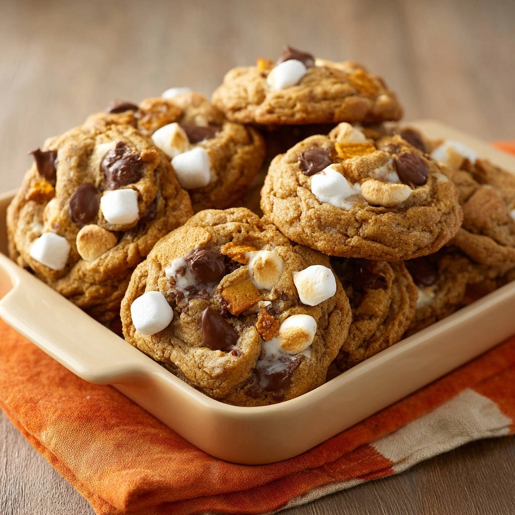 Herbstliche Pumpkin Cookies mit Schoko-Marshmallow-Crunch, nahaufnahme der saftigen Cookies mit geschmolzenen Marshmallows und Schokoladenstückchen.