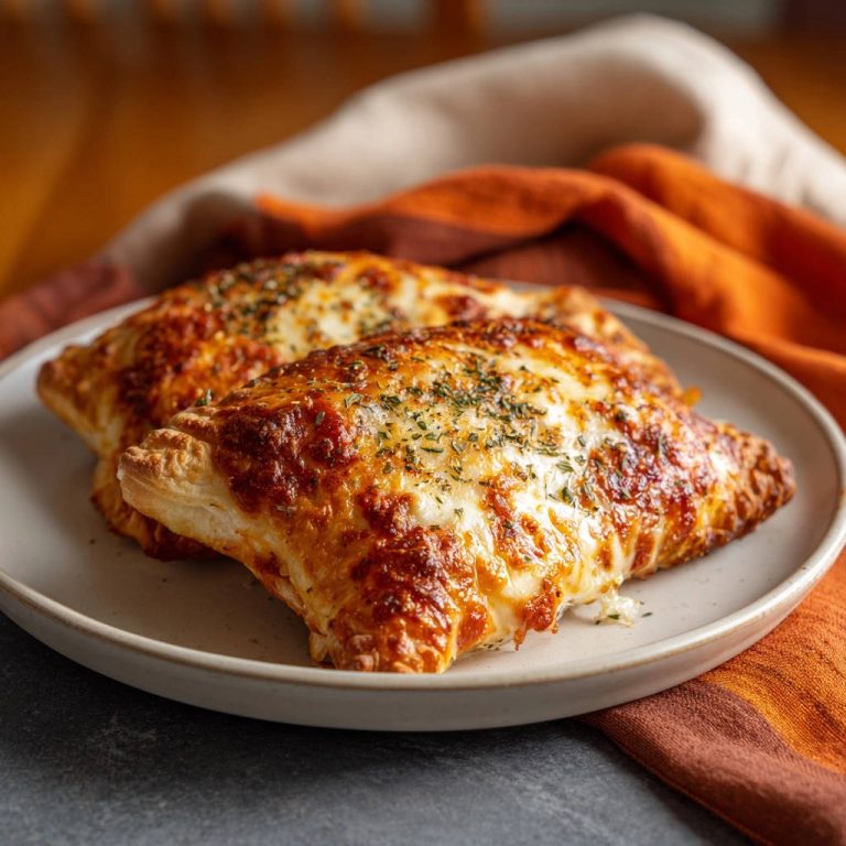 Herzhafte Blätterteigtaschen mit geschmolzenem Käse und Kräutern, nahaufnahme auf einem Teller serviert.