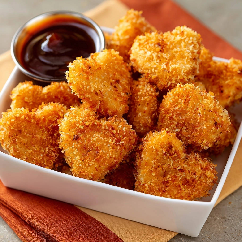 Herzhafte Hähnchen Nuggets mit Dip, knusprig paniert und in Herzform serviert.
