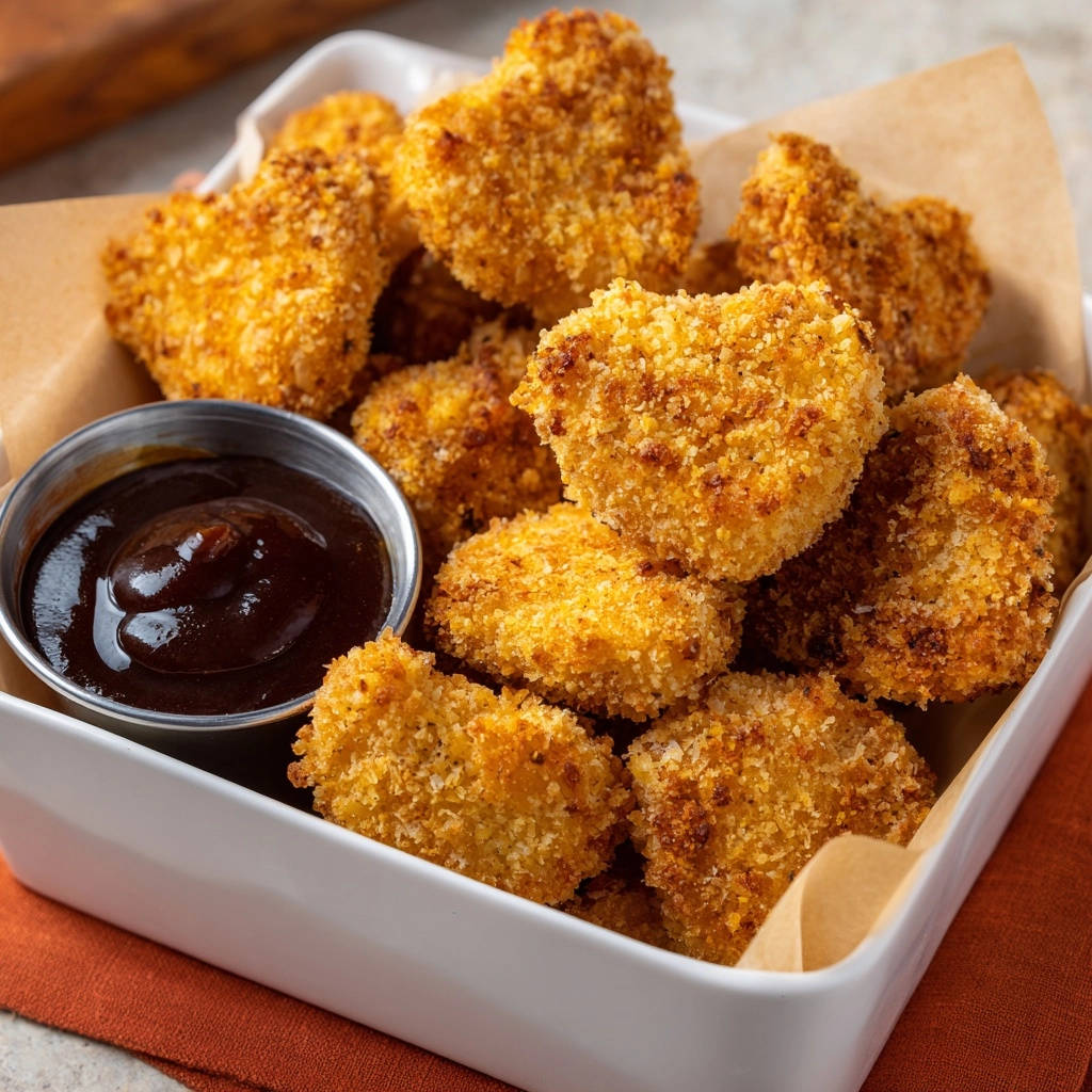 Herzhafte Hähnchen Nuggets in Herzform mit BBQ-Dip, nahaufnahme der knusprigen Textur und des herzhaften Gerichts.