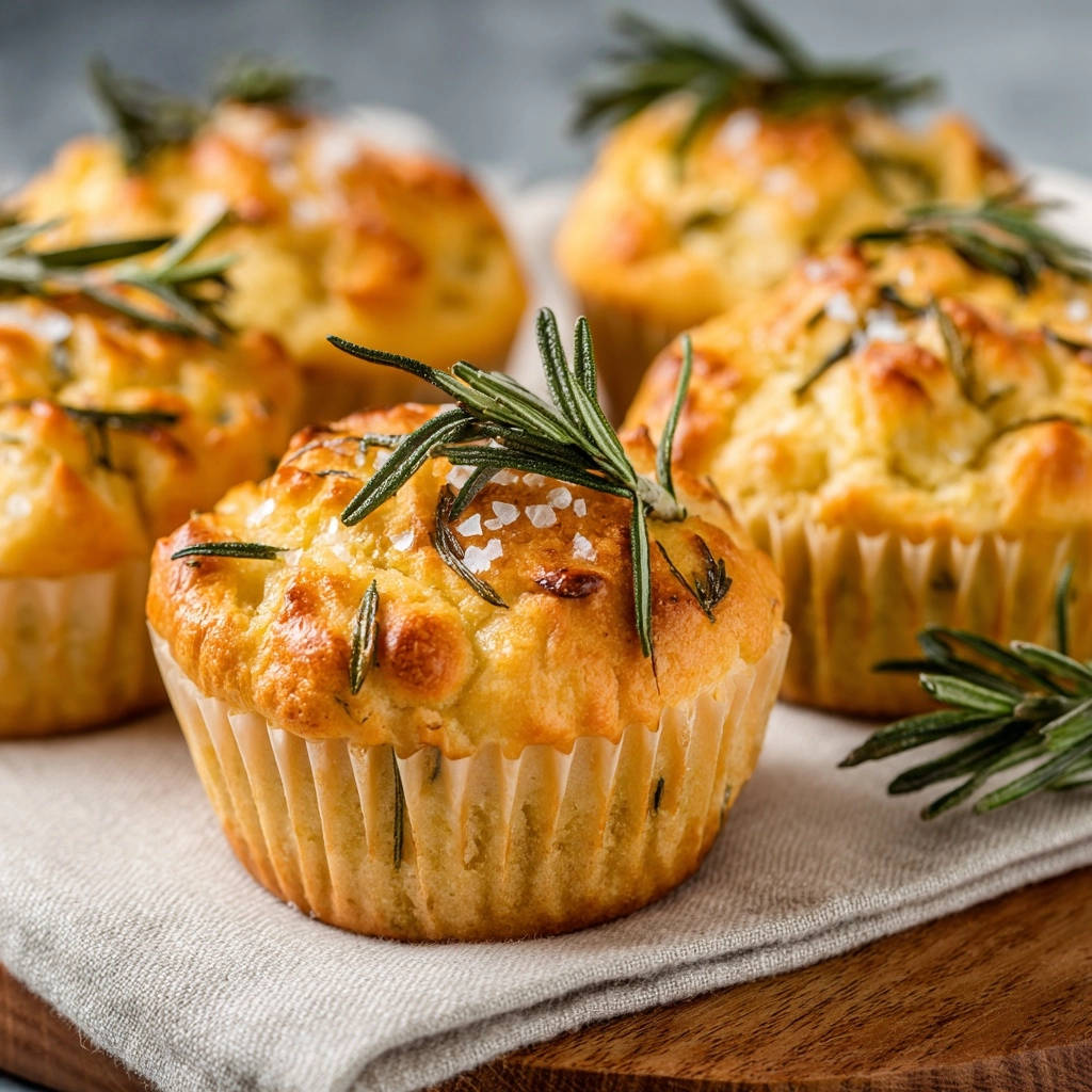 Herzhafte Rosmarin-Käse-Muffins nahaufnahme mit frischem Rosmarin und grobem Salz garniert, saftig und fluffig gebacken.