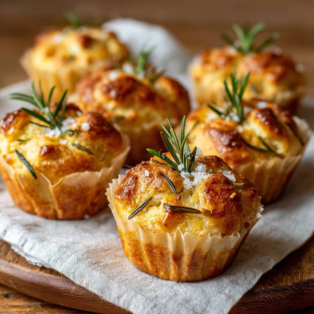 Herzhafte Rosmarin-Käse-Muffins, nah aufgenommen und mit frischem Rosmarin und grobem Salz garniert, zeigen ihre goldbraune Kruste.
