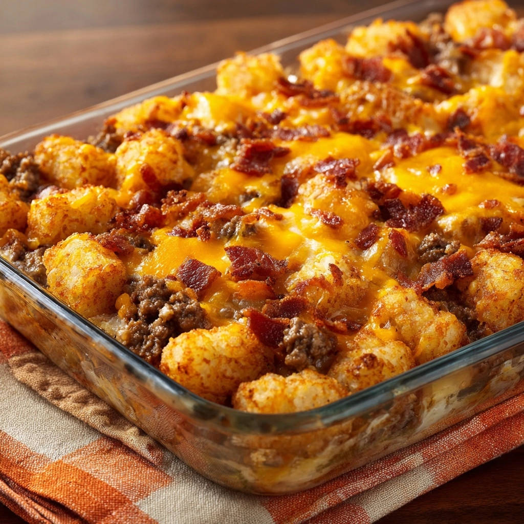 Herzhafter Knusper-Auflauf mit Tater Tots zeigt eine Nahaufnahme des geschmolzenen Käses und der krossen Tater Tots.
