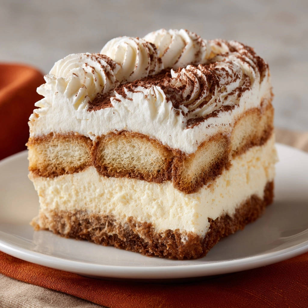 Himmlisches Tiramisu als Anschnitt mit luftigen Sahnetuffs und Kakaopulver bestäubt auf einem Teller.