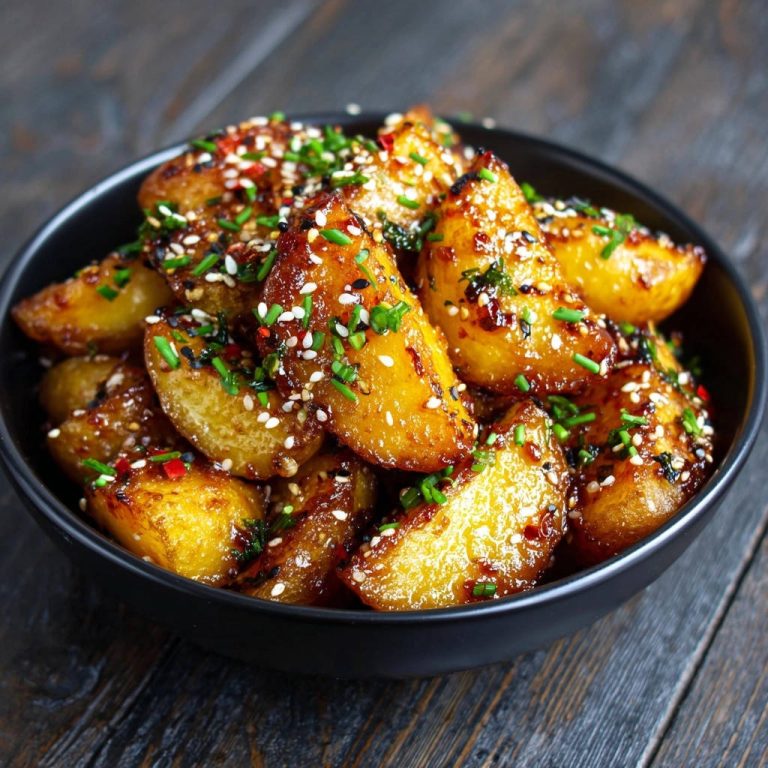 Knusprige Honig-Sesam-Kartoffeln, garniert mit Sesam und Chili, in einer schwarzen Schüssel auf einem Holztisch serviert.