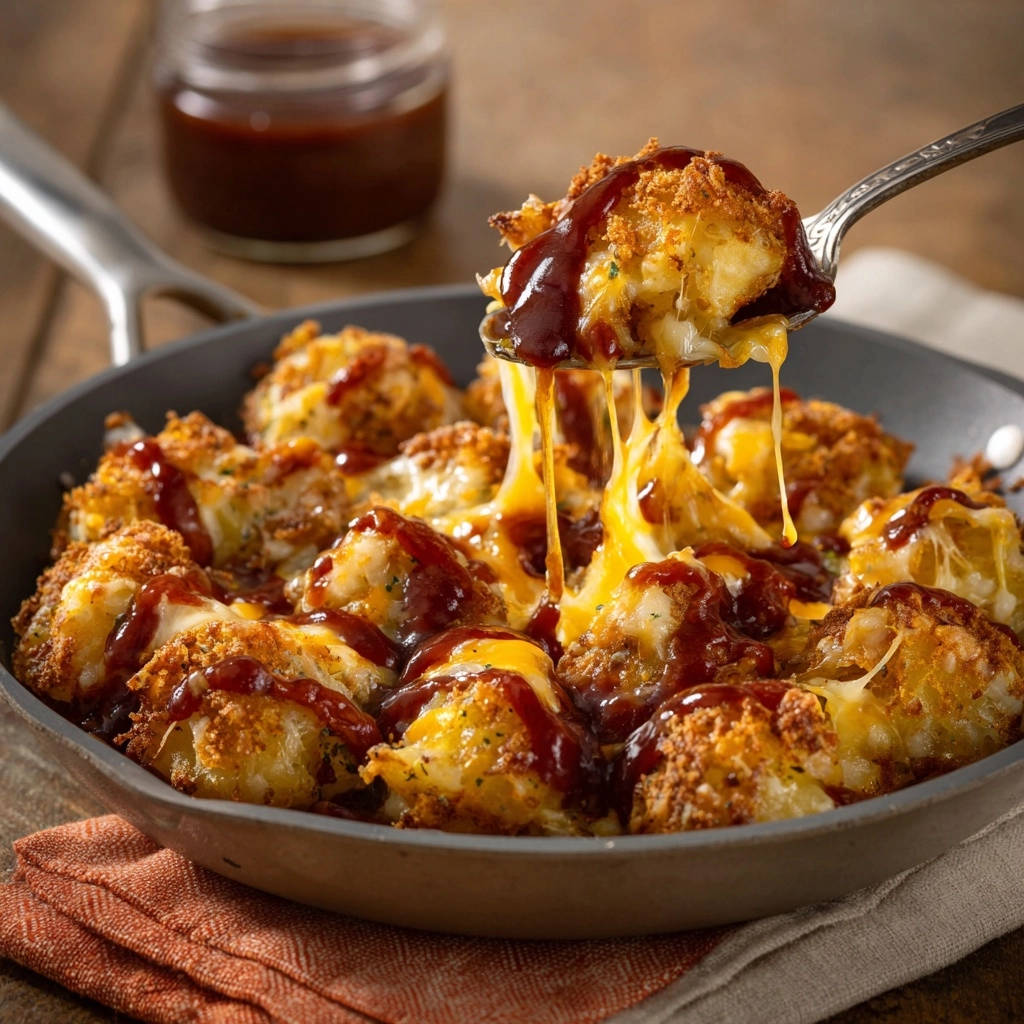 Käse-BBQ-Kartoffelbällchen Pfanne mit geschmolzenem Käse und BBQ-Sauce, von einem Löffel hochgezogen.