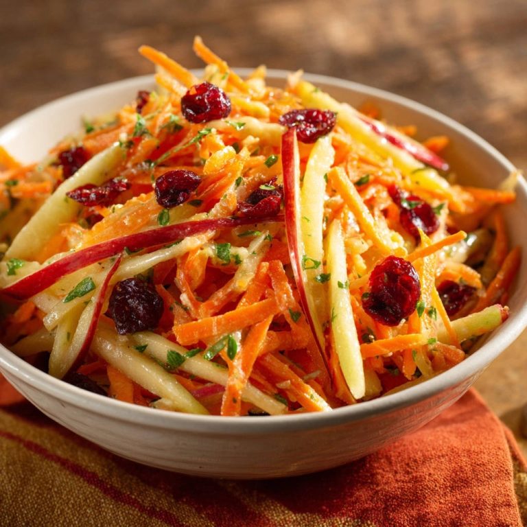 Knackiger Karotten-Apfel-Salat mit Cranberries und Petersilie in einer Schüssel, Nahaufnahme