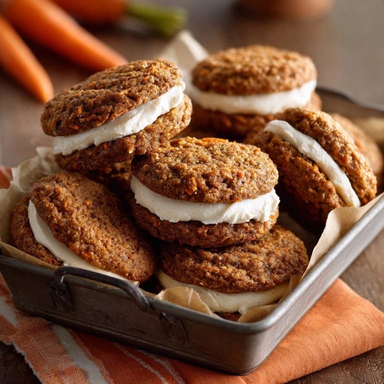Saftige Karotten-Whoopies mit cremiger Füllung, nahaufnahme gestapelt in einer Metallschale auf einem Gemüsetuch.