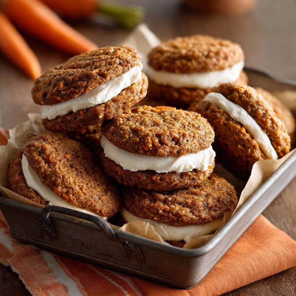 Saftige Karotten-Whoopies mit cremiger Füllung, nahaufnahme gestapelt in einer Metallschale auf einem Gemüsetuch.