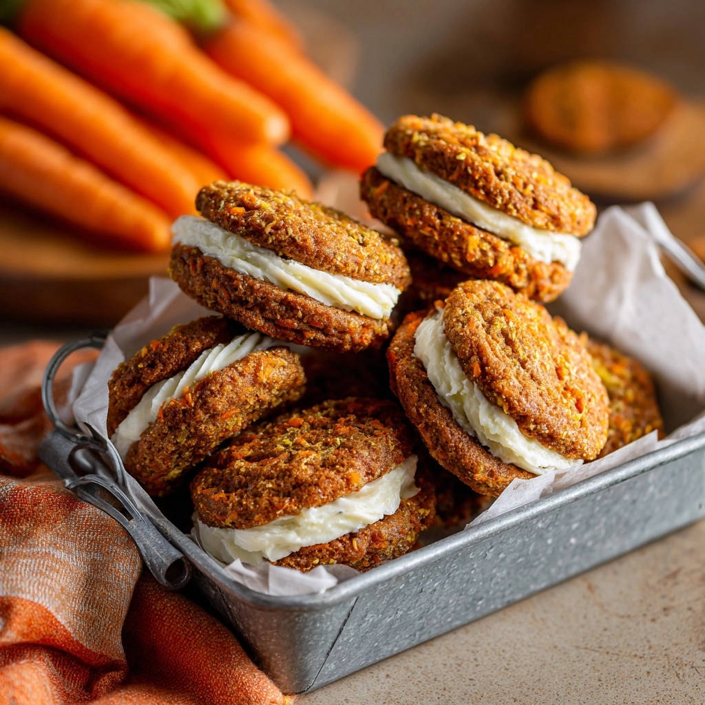 Saftige Karotten-Whoopies mit cremiger Füllung, gestapelt in einem rustikalen Blech, mit frischen Karotten im Hintergrund.