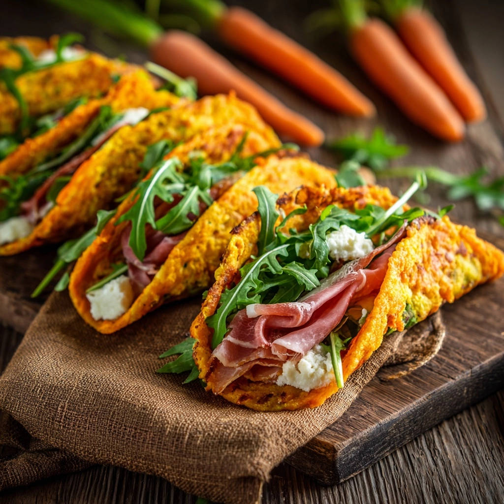 Saftige Karotten-Wraps mit Schinken, Rucola und Feta, Nahaufnahme der Füllung mit Schinken und Käse