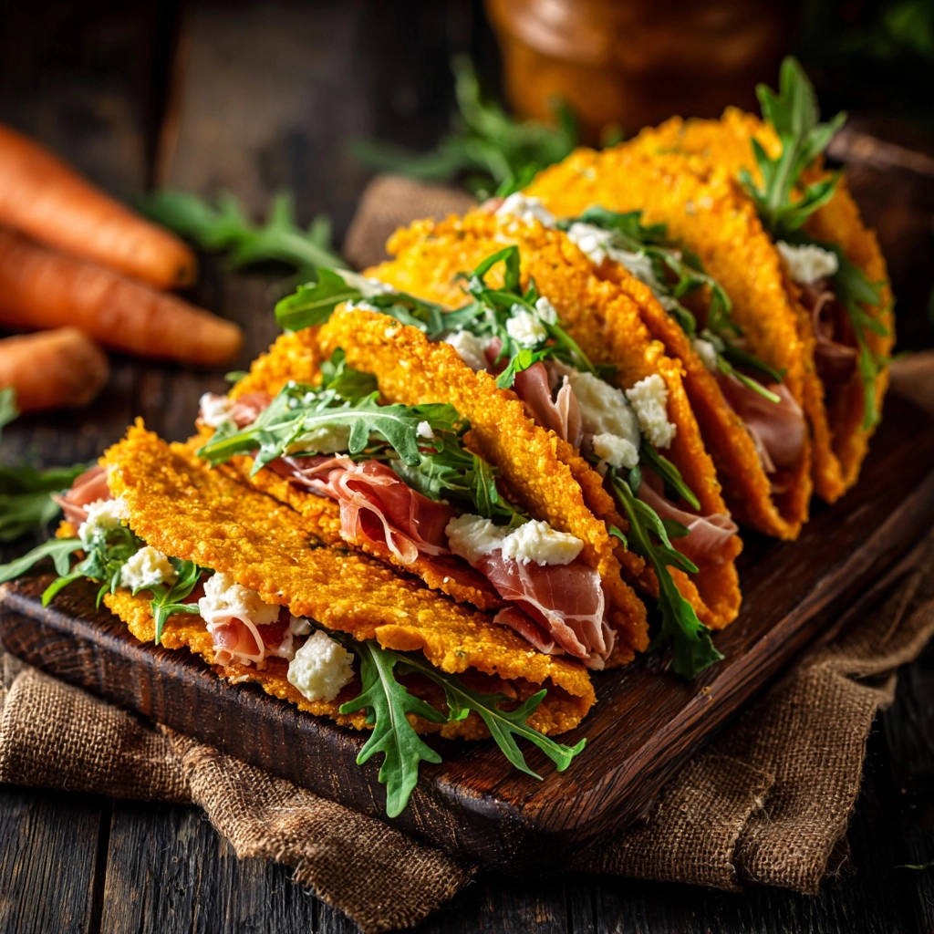 Saftige Karotten-Wraps mit Schinken, Rucola und Feta zeigen eine Nahaufnahme der gefüllten Tortillas mit detailreicher Textur.
