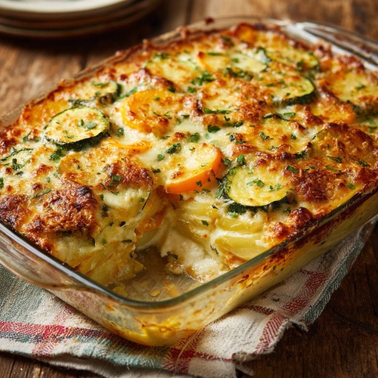 Cremiger Kartoffel-Zucchini-Gratin angeschnitten in einer Glasform, mit geschmolzenem Käse und Kräutern garniert, zeigt die geschichteten Gemüseschichten.