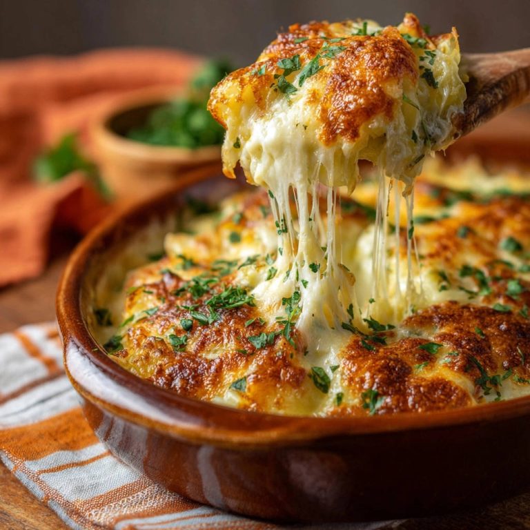 Kartoffelgratin Deluxe mit einer goldbraunen Käsekruste, bei der der Käse auf einem Löffel Fäden zieht.