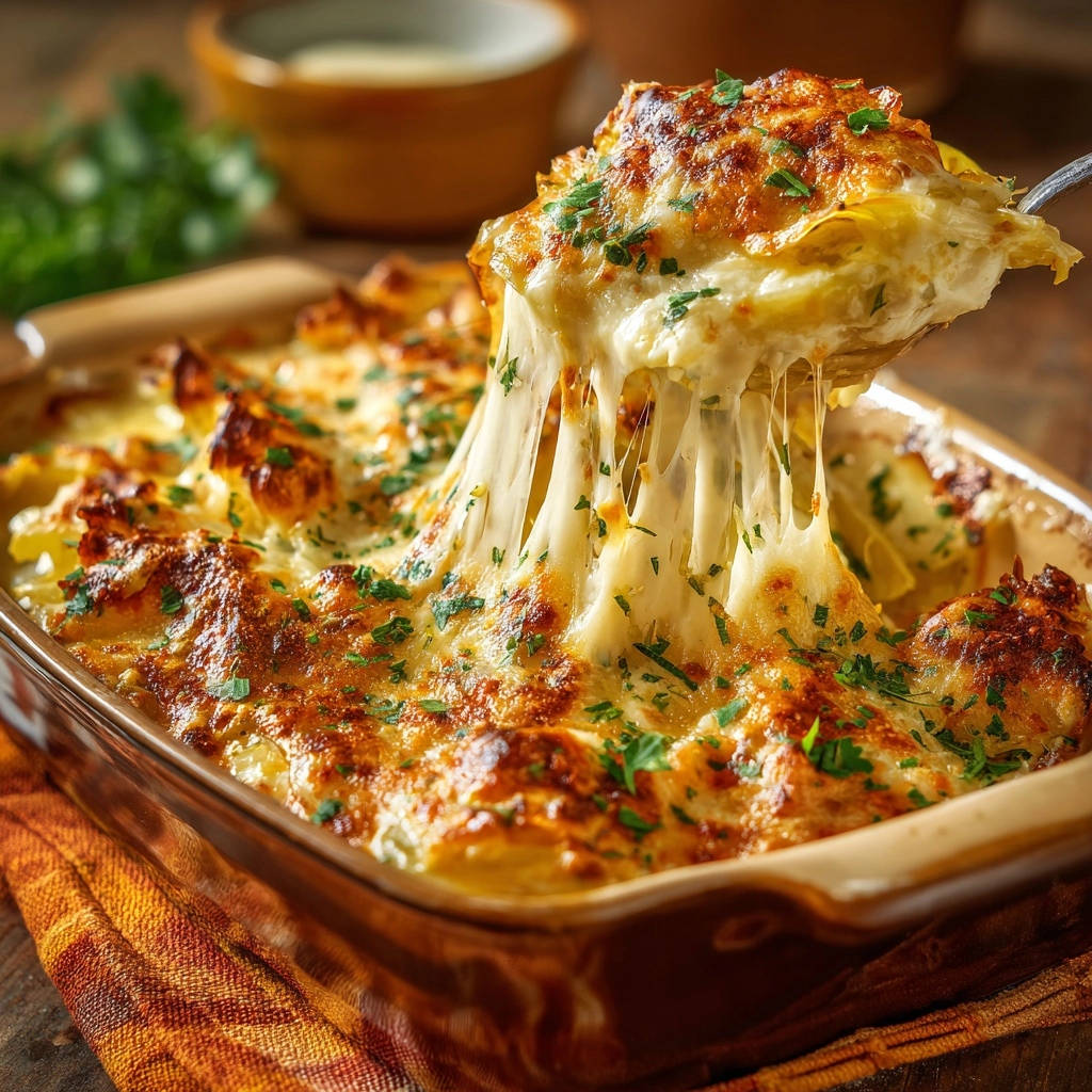 Kartoffelgratin Deluxe wird mit langen, cremigen Käsefäden aus der Auflaufform geschöpft.