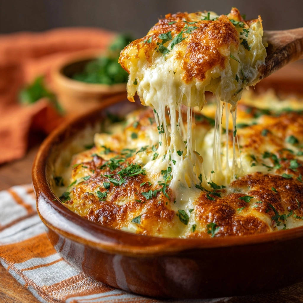 Kartoffelgratin Deluxe mit einer goldbraunen Käsekruste, bei der der Käse auf einem Löffel Fäden zieht.