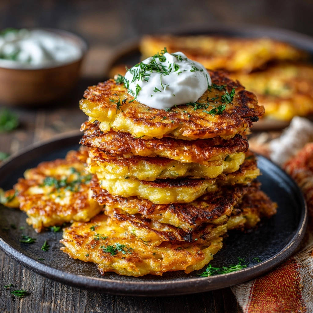 Kartoffelpuffer, ein Stapel goldbrauner und krosser Kartoffelpuffer, garniert mit Quark und Petersilie.