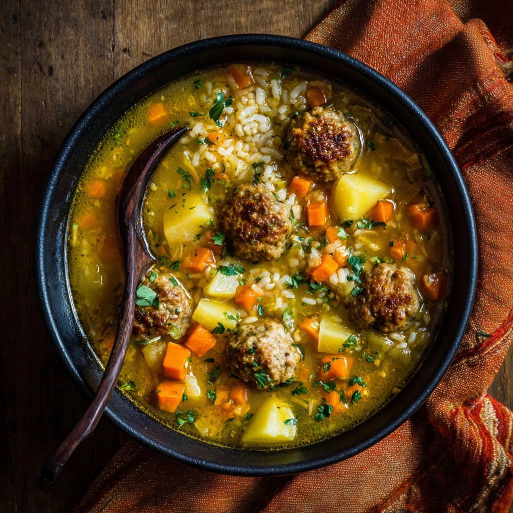 Herzhafte Klößchen-Reis-Suppe als Draufsicht mit einem Holzkochlöffel und Klößchen, Reis und Gemüse.