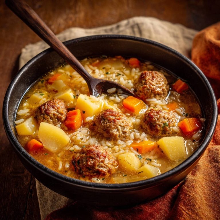 Herzhafte Klößchen-Reis-Suppe mit Karotten und Kartoffeln im Teller mit einem Holzlöffel, Nahaufnahme