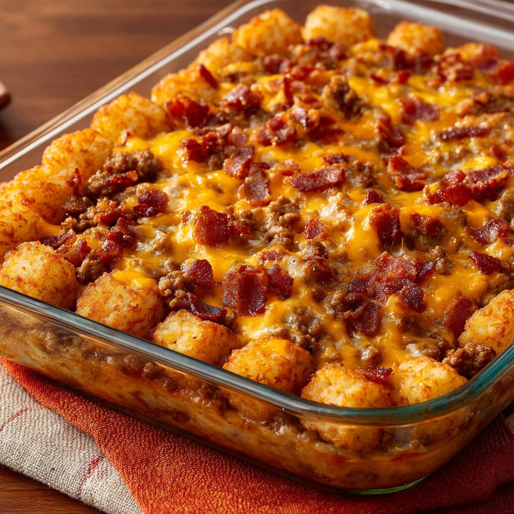 Herzhafter Knusper-Auflauf mit Tater Tots, überbacken mit geschmolzenem Käse und Speck.