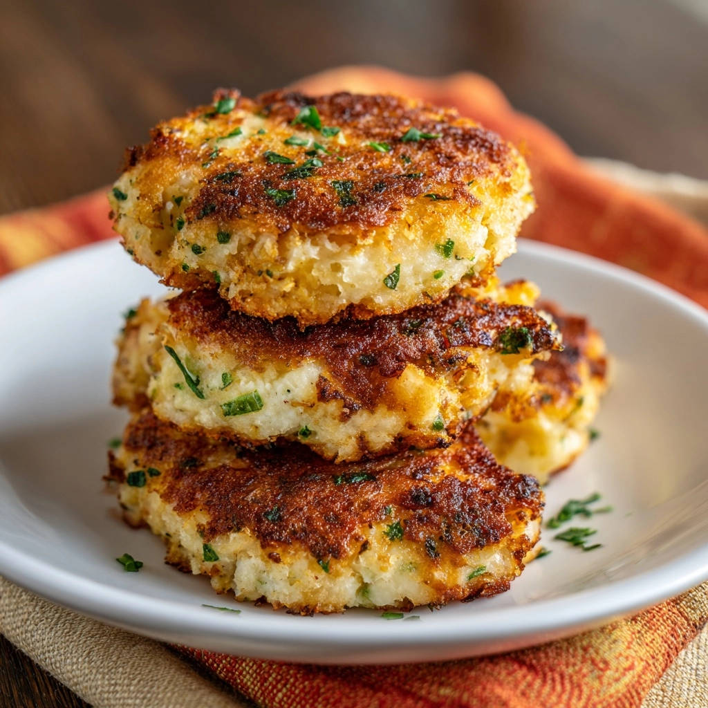 Knusprige Blumenkohl-Patties im Stapel, nahaufnahme der goldbraunen Kruste und des Inneren mit Kräutern.