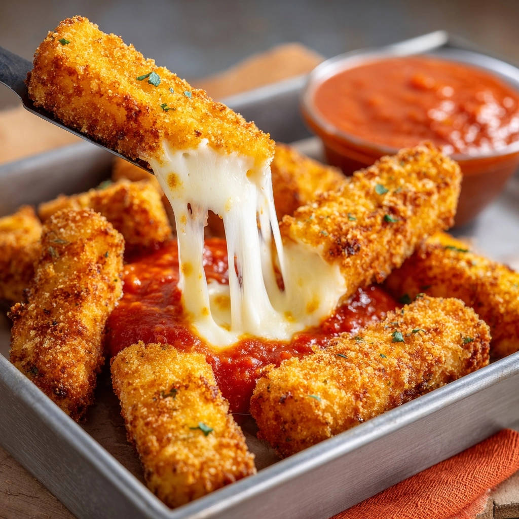 Knusprige Mozzarella Sticks, bei denen ein Stick herausgezogen wird und der geschmolzene Käse Fäden zieht, serviert mit Tomatensoße.