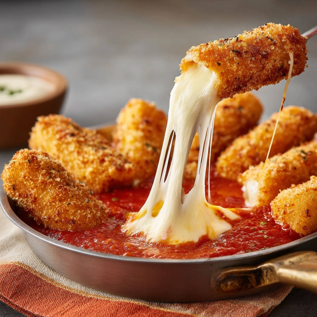 Knusprige Mozzarella Sticks mit geschmolzenem Käse, der beim Herausziehen Fäden zieht, serviert in Tomatensauce.