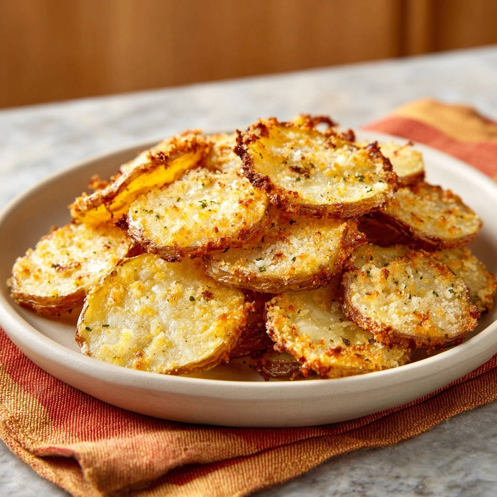 Knusprige Ofenkartoffelscheiben mit Parmesan, nahaufnahme der goldbraunen und aromatischen Kartoffelscheiben mit Kräutern bestreut.