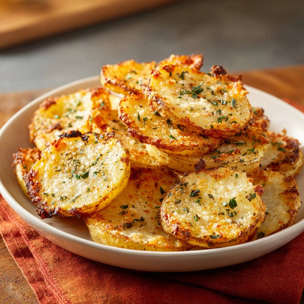 Knusprige Ofenkartoffelscheiben mit Parmesan, nahaufnahme des goldbraunen und aromatischen Gerichts, bestreut mit Kräutern.