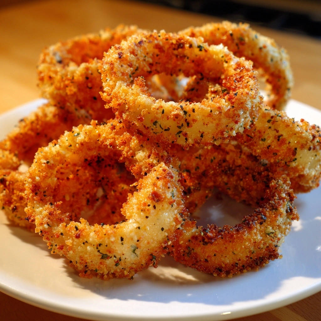 Knusprige Zwiebelringe auf einem weißen Teller, Nahaufnahme der goldbraunen Textur und Gewürze.