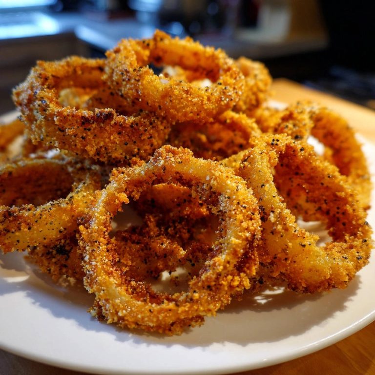 Knusprige Zwiebelringe als Nahaufnahme mit sichtbarer, goldbrauner Panade und Gewürzpartikeln auf einem weißen Teller.
