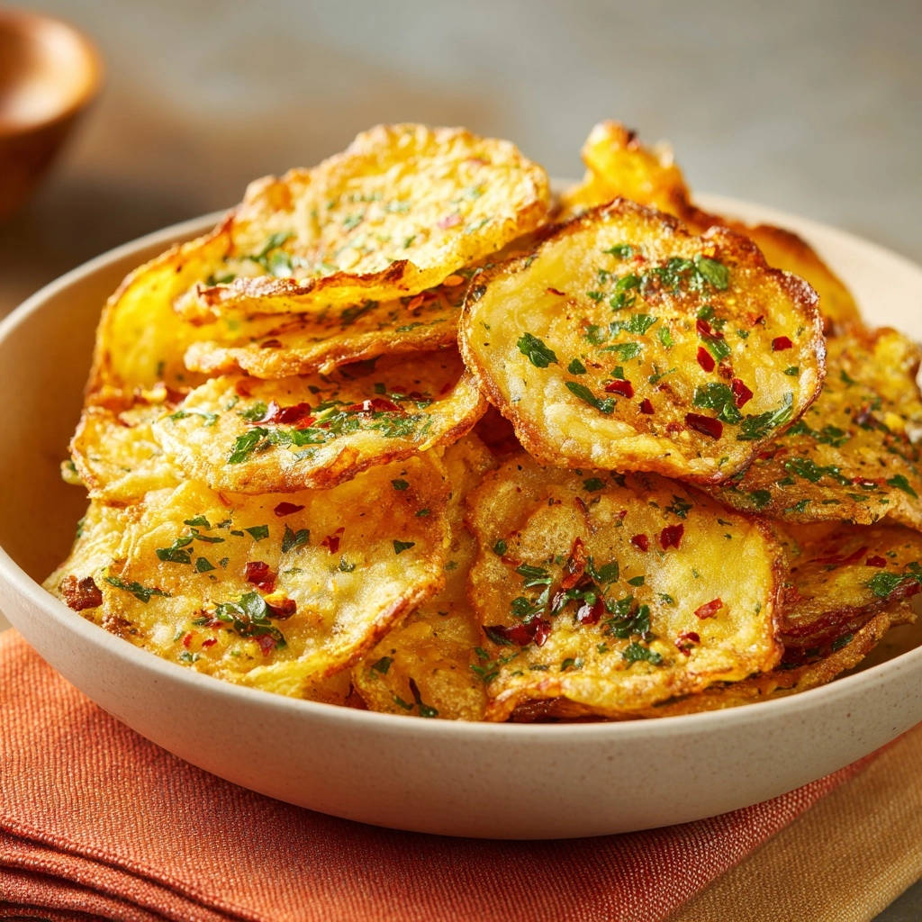 Knusprige Kräuter-Kartoffelchips aus dem Ofen, garniert mit Petersilie und Chiliflocken, in einer Schüssel serviert.
