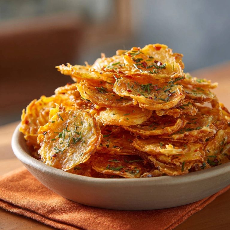 Knusprige Kräuter-Kartoffelchips aus dem Ofen, aufgetürmt in einer Schüssel und mit Kräutern garniert.