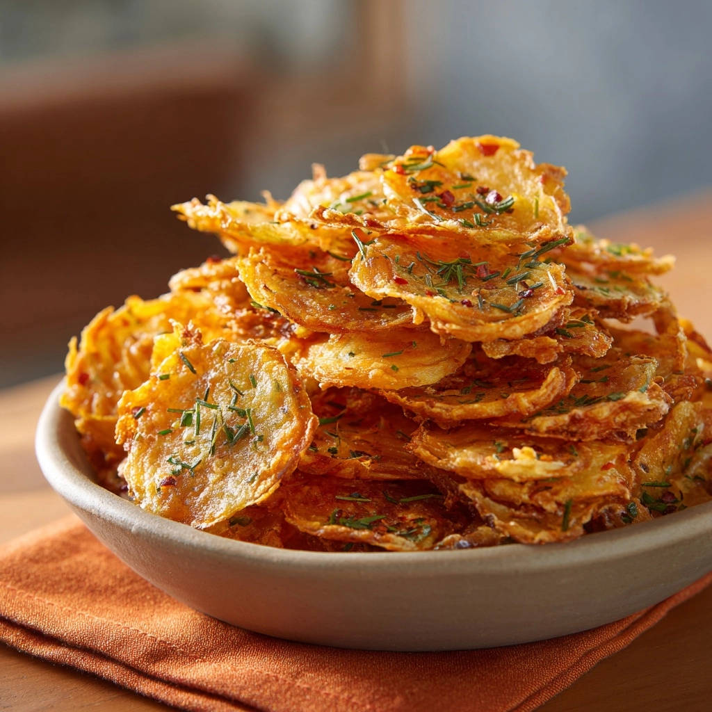 Knusprige Kräuter-Kartoffelchips aus dem Ofen, aufgetürmt in einer Schüssel und mit Kräutern garniert.