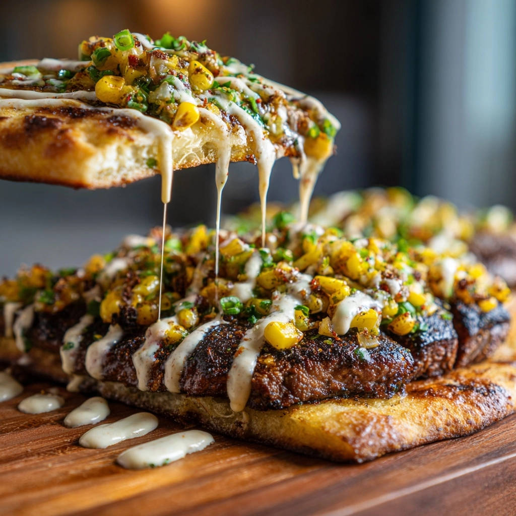 Krosses Steak-Flatbread mit cremiger Mais-Salsa, ein Stück wird angehoben, wobei geschmolzener Käse herabtropft.