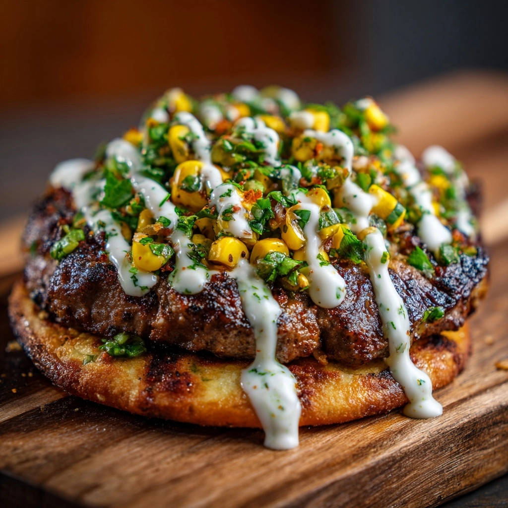 Krosses Steak-Flatbread mit Cremiger Mais-Salsa, Nahaufnahme der herzhaften Fleischpatty mit lebendiger Mais-Salsa und cremiger Sauce.