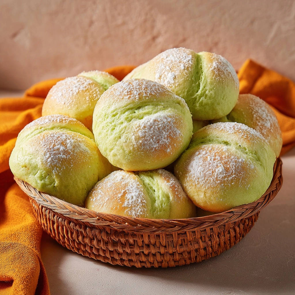 Leuchtend grüne Pandan-Milchbrötchen, bestäubt mit Puderzucker, werden in einem geflochtenen Korb präsentiert.