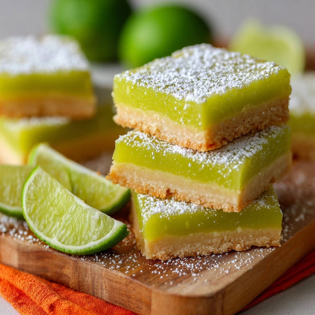 Limetten-Schnitten mit einer Nahaufnahme des knusprigen Bodens und der grünen Limettenfüllung, bestäubt mit Puderzucker.