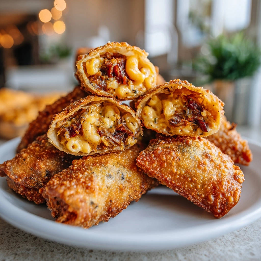 Knusprige Mac & Cheese Rollen mit Pulled Beef, angeschnitten und im Detail ihre Füllung zeigend