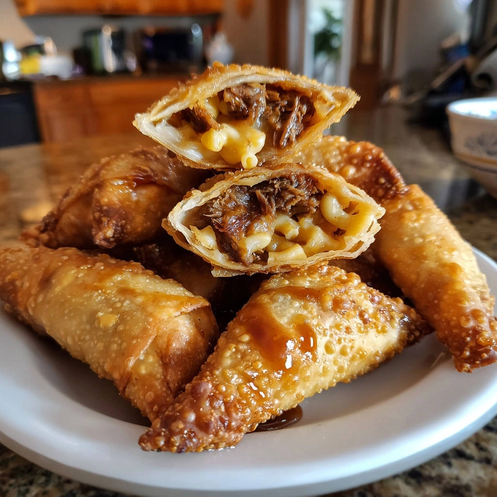 Knusprige Mac & Cheese Rollen mit Pulled Beef im Querschnitt, die das zarte Fleisch und die cremige Käsesauce zeigen.